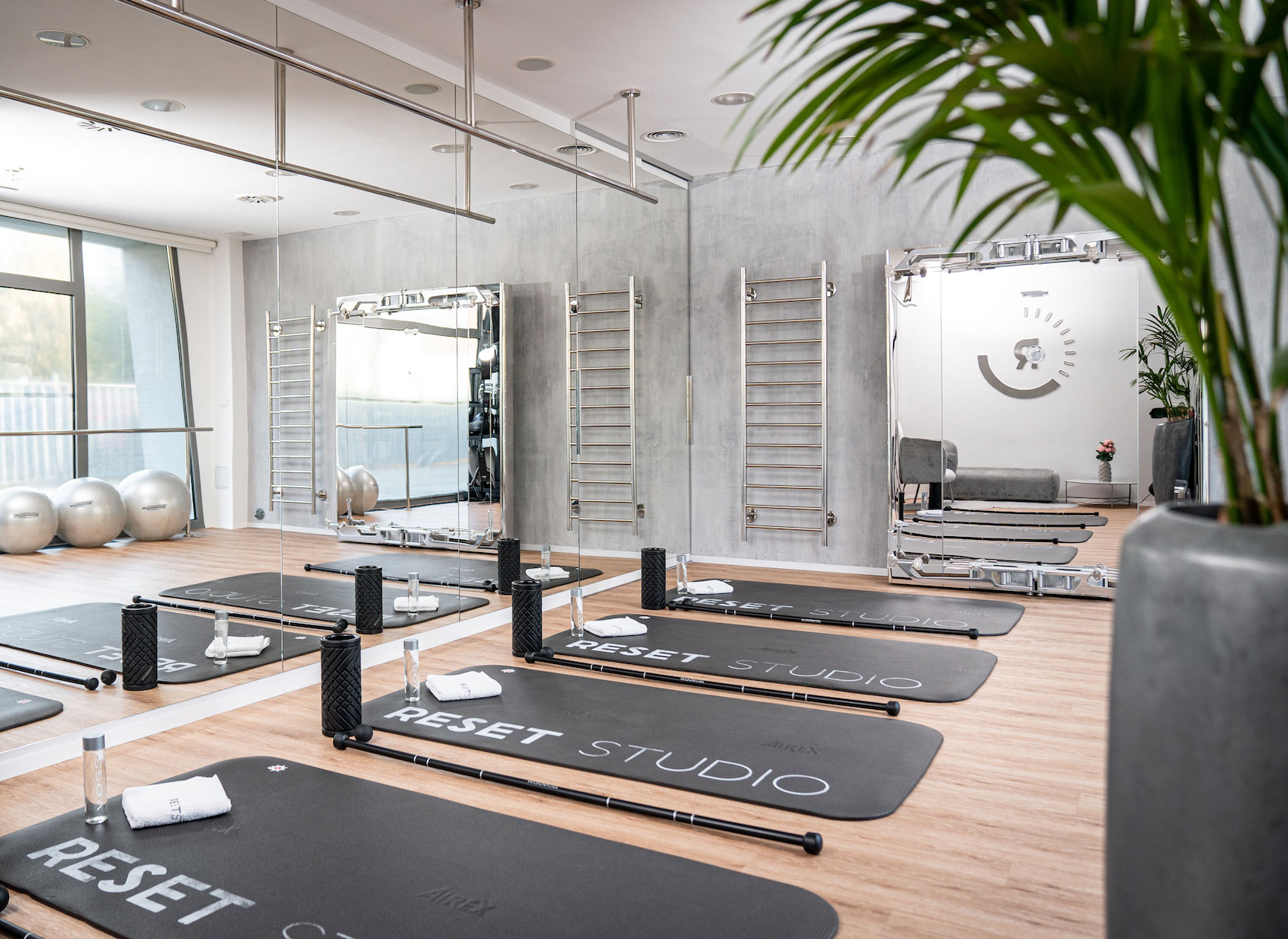 The Reset Studio training floor in Ljubljana, set up with treadmills and equipment
